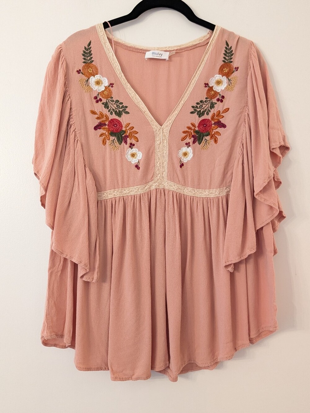BluIvy Dusty Rose Embroidered V-Neck Babydoll Top Ruffle Flutter Sleeve
